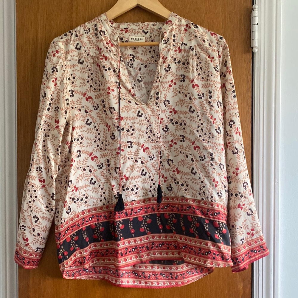 Masscob 100% silk blouse in red, navy, and tan floral print on ecru background.